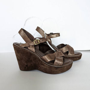 Kork-Ease Ava Platform Wedge Sandal Brown Metallic and Suede Size 8